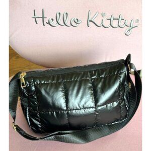 Quilted Puffer Shoulder Bag Adjustable Crossbody Black w/ Gold Hardware